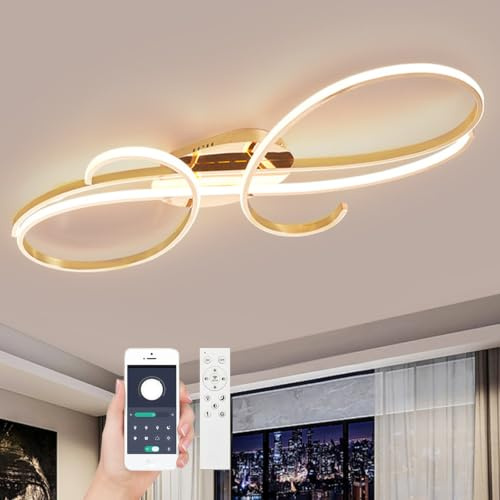 WSXEDC Moderne Kreative LED Deckenleuchte Dimmbare Metall Chrom für die Augenpflege Deckenlampe Mit Fernbedienung für Wohnzimmer Schlafzimmer Esszimmer Flure Gold 60cm