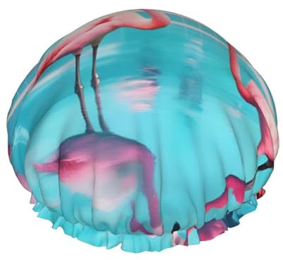 Wiederverwendbare Duschhaube, Flamingo und Schwimmbad, doppellagig, Wasserdusche, nicht benetzend, große Größe für alle Haarlängen