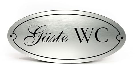 Gäste WC Schild Kunststoff Gold Silber graviert oval selbstklebend Gästetoilette wetterfest Deko Vintage Türschild 15 x 7 cm (Silber)