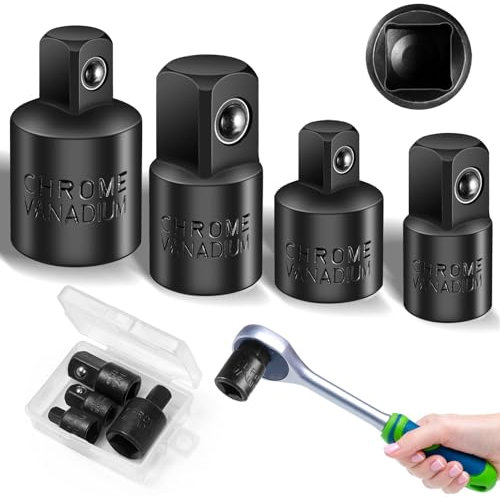 Furuising 4 Stück Stecknuss Adapter Satz, 1/4 Zoll auf 3/8 Zoll, 1/2 Zoll auf 3/8 Zoll, CR-V Schlagschrauber Adapter, Stecknussadapter Set mit Box für Steckschlüsseln Nuss Knarren