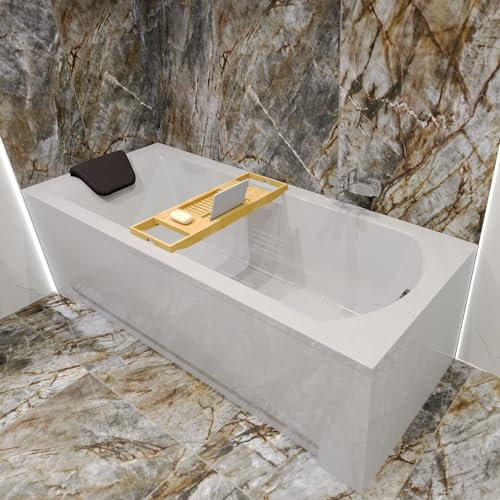 BADLAND Badewanne Original Weiß Acryl Wanne Rechteck SHEA 150x70 KOMPLETTSET SET + Kopfstütze + Füßen und Exklusive Chrom Automatik Ablaufgarnitur Made in EU 4in1