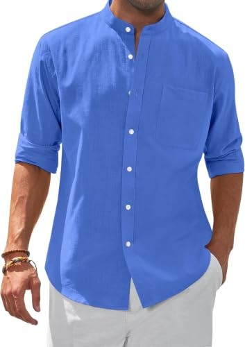 siliteelon Men's Linen Cotton Shirts Blue Long Sleeve Regular Fit Casual Plain Shirt Summer Beach Shirts with Pocket,XL