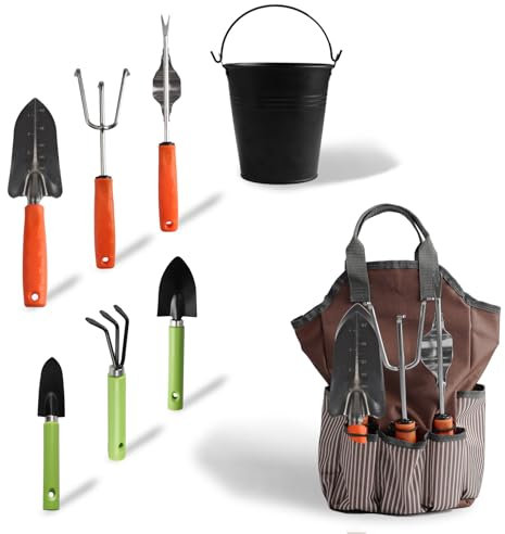 Gartenwerkzeug Set mit Tasche, 8 Stück Gartenset Werkzeug Rost-Sicht Gartenarbeit Set Gartengeräte Set mit Griff und Eimer Gartenarbeit Zubehör, Ideal Gartengeschenke für Frauen und Männer