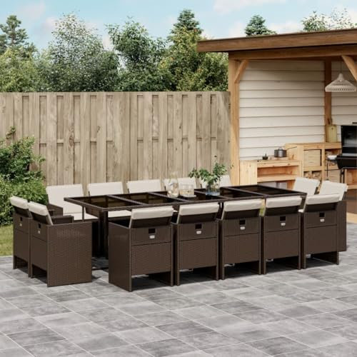 Homgoday 15-TLG. Garten-Essgruppe mit Kissen Sitzgruppe Sitzgarnitur Gartentisch Tisch Esstisch Stühle Gartenmöbel Set Gartenset Gartengarnitur Braun Poly Rattan