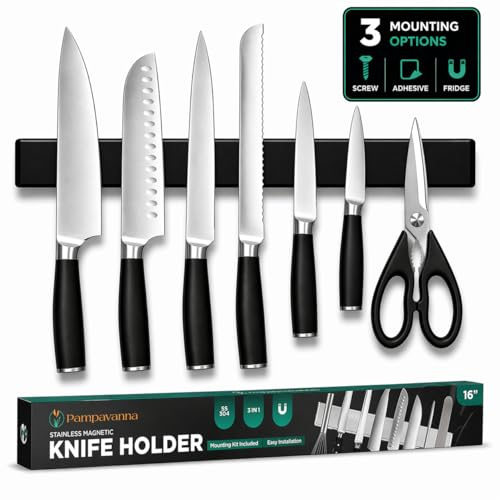 Magnetic Knife Holder 16 Inch Black – Sleek Stainless Steel Strip, Rack & Bar for Wall or Fridge, No Drill Adhesive Kitchen Organizer, Premium Gift by Pampavanna