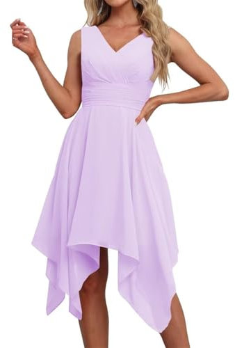 WSEYU Vestidos cortos de dama de honor con cuello en V doble para adolescentes, vestidos cortos de gasa para graduación, cóctel, fiesta, Lila, 54 Más