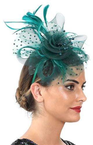 WUZIA Fascinator-hatt blomma nätband falska fjädrar på ett pannband och en gaffelklämma, tebjudning, huvudbonader, blomma, nät, pannband, bröllop, cocktail, hårklämma för kvinnor, Påfågelsblå, one