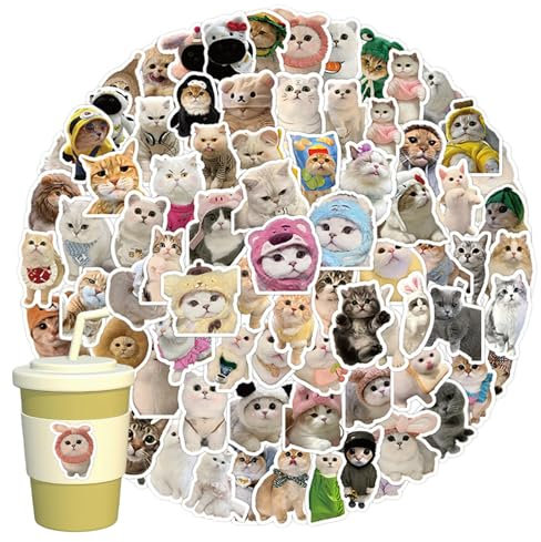 100 Stück Meme Aufkleber set, Wasserfeste Vinyl Lustiges süße Katzen Stickers, Niedliche Katzenform Ästhetische Aufkleber für Wasserflaschen, Laptop, Telefon, Gitarre, Koffer, Handyhülle
