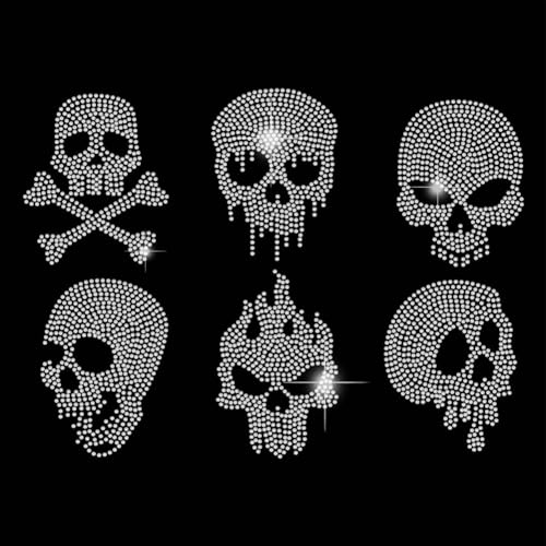 SUPERDANT Pequeño icono de calavera con diamantes de imitación para planchar, camiseta con diseño de calavera de Halloween, con plancha, estrás, transferencia de plancha, para camisetas, sudadera
