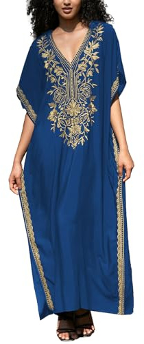 L-Peach Vestido de noche amplio con abertura lateral bordada estilo caftán turco, vestidos de playa caftán para traje de baño, bikini, túnicas de playa, B Azul, Altoa única