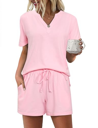 Bresdk Conjunto de Pijama Mujer Verano Corto Algodón Camiseta de Manga Corta y Pantalón Ropa de Dormir Suave Lounge Set Rosa M