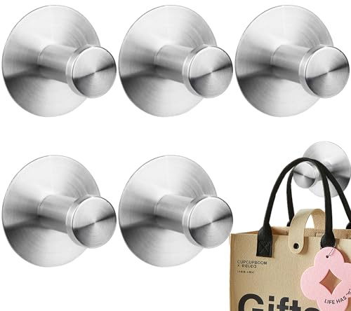 Prmape 5 Stück Duschhaken Ohne Bohren Edelstahl, Wandhaken Selbstklebend Rund, Handtuchhaken Ohne Bohren, Ø 50mm Extra Stark Klebehaken Klein Silber für Fenster Glas Bad Küche Badezimmer