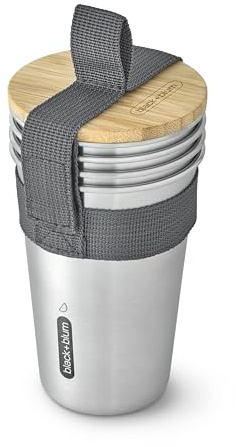 Black + Blum Stainless Steel Cups | Stackable Set of 4 | 500ml | Metal Drinking Cups, Dishwasher Safe, Bamboo Lid with Opener & Cutting Board, Fruit Icons, Nylon Carry Strap, Lightweight