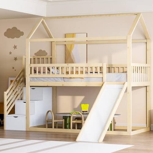 Lcoho Letto a castello per bambini (90 x 200 cm), con scivolo e scala di stoccaggio, struttura di recinzione alta, telaio in legno massiccio, rete a doghe (colore legno)
