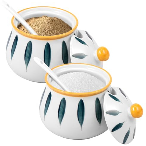 Toaboa Azucarero con tapa y cuchara, 2 unidades, cerámica, con orificio para cuchara, resistente al desgaste, práctico y bonito azucarero de porcelana para cocinas, restaurantes y hoteles
