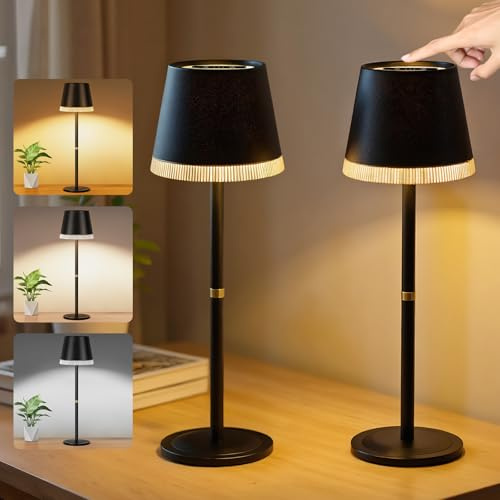OUTON 2 Pièces Lampe de Table LED Sans Fil, 4000mAh Rechargeable USB-C, 3 Températures de Couleur & Luminosité Réglable en Continu, Commande Tactile, Lampe Portable pour Intérieur & Extérieur, Noir