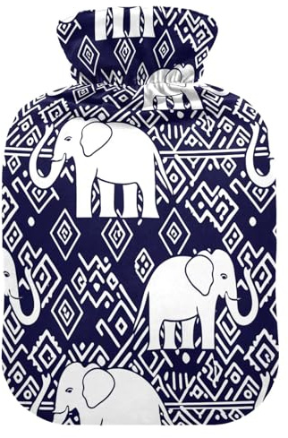 Ethnic Elephant Blue Hot Water Bottle with Cover for Pain Relief Feet and Bed Warmer for Sore Muscles Injuries, 1L