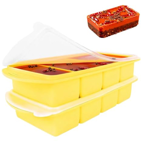2Pcs Silicone Souper Freezer Trays Lids, 4-Cup Compartments Ice Cube Moulds | Silicone, Large for Batch Cooking, Microwavable Freezable Containers, Stores Soup Blocks, Avocado, Sauce, Yellow