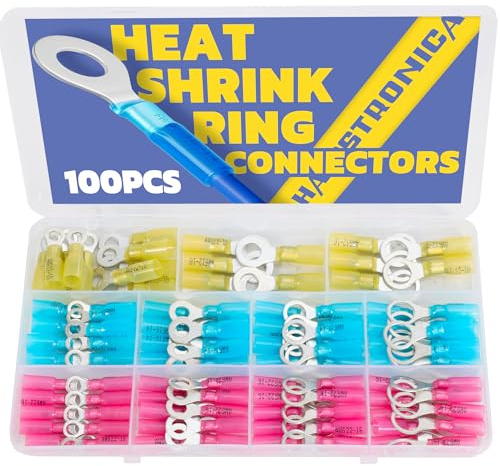 haisstronica Ring Terminals,100PCS Marine Grade Heat Shrink Ring Connectors-Wire Connectors Tinned Red Copper #10,1/4,5/16,3/8(3Colors/4Sizes),22-10 Gauge Insulated Ring Crimp Terminals