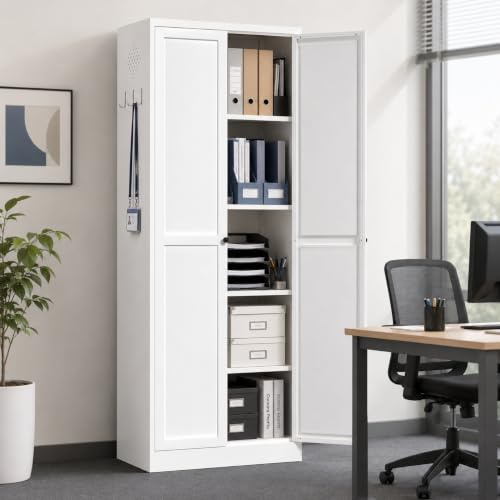 IKIMI 183x70x35cm Aufbewahrungsschrank Metall Aktenschrank mit 2 Türen und 5 Verstellbaren Einlegeböden, Weiß Büro Schrank,Mehrzweckschrank Blechschrank,Stahlschrank,Werkzeugschrank