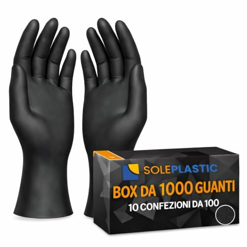 SOLEPLASTIC 1000 Guanti Nitrile Neri (TAGLIA XL) - 10 Confezioni da 100 - Senza Lattice e Senza Polvere, Guanti Monouso Idonei per Alimenti, Uso Medico, Cucina, Tattoo e Non Solo