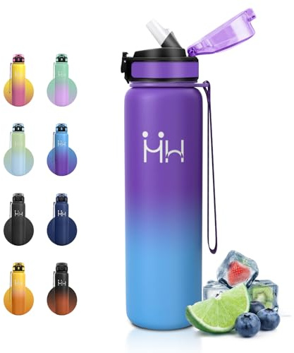 Botella Termica 1 Litro, Botella Agua Acero Inoxidable con Pajita, a Prueba de Fugas y sin BPA, Doble Pared al Vacío, Cantimplora Térmica para Senderismo, Escuela, Gimnasio, Adulto
