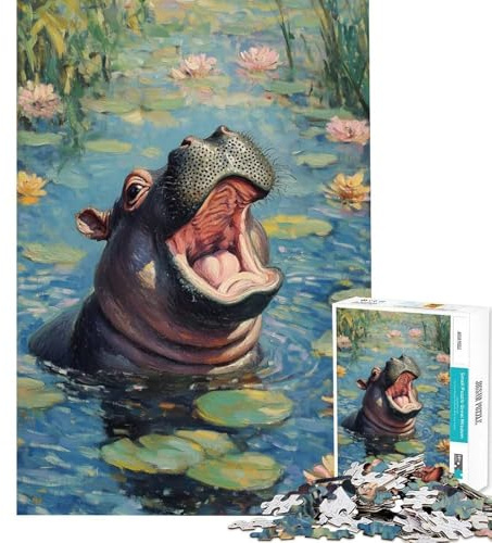Puzzle für Erwachsene 1000 Teile Nilpferd in Seerosen fördert die Hand-Augen-Koordination scharfes Schneiden Basteln Entspannende Spielzeit Unvergessliches Geschenk 50x75cm