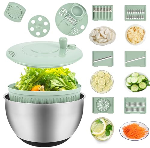 Salad Spinner Stainless Steel Large with Lid 4L Large Lettuce Dryer 5‑in‑1 Vegetable Washing Bowl with Slicer Juicer & Egg Yolk Separator 5 Blades Thickened Non‑Slip Base for Healthy Eating