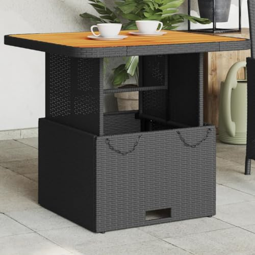 Kaloriko Trädgårdsbord svart 80 x 80 x 71 cm av PE rotting och akaciaträ med justerbar bordsskiva för terrass balkong utomhus, väderbeständigt stabilt massivt perfekt som ESS- och loungebord