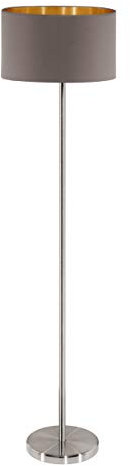 Eglo Lampdaire MASERLO, lampe de sol en textile à flamme, lampe sur pied ovale en acier et tissu, couleur : nickel mat, cappuccino, or, douille : E27, interrupteur à pied inclus