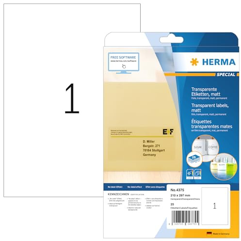 HERMA 4375 Wetterfeste Folienetiketten transparent, 25 Blatt, 210 x 297 mm, 1 pro A4 Bogen, 25 Stück, selbstklebend, bedruckbar, matt, blanko Klebeetiketten Aufkleber aus Folie, durchsichtig