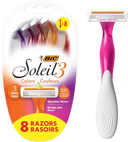 BIC Soleil 3 Colors Women's Disposable 3-Blade Razors, Aloe Vera and Vitamin E Lubricating Strip for Smooth Shaves, 8-Pack