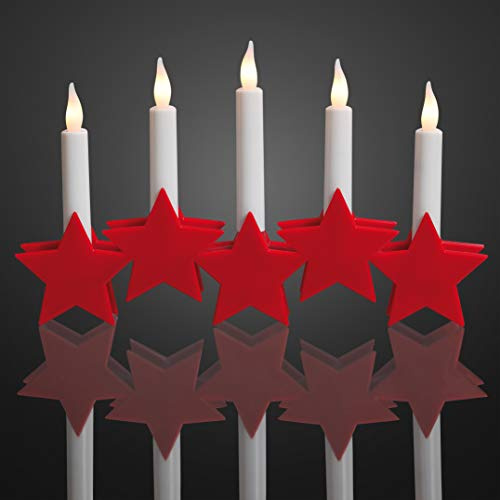 Hellum LED-Kerzenleuchter, Schwibbogen, Kunststoff, rote Sterne, 5 warm-weiße LEDs, 27x17 cm, Kabel transparent, Indoor, batteriebetrieben (3AA), Weihnachts-Dekoration, 520309