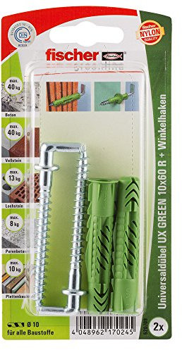 fischer 520709 10x60 R WH K, Inhalt Universaldübel UX Green 10 x 60 R (mit Rand), 2 x Winkelhaken 7 x 77