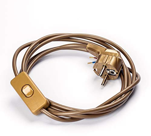 Netzkabel Schuko Stecker an offenes Ende m. Schnurschalter Kabel Schalter Anschluss Zuleitung (2,9m, Gold)