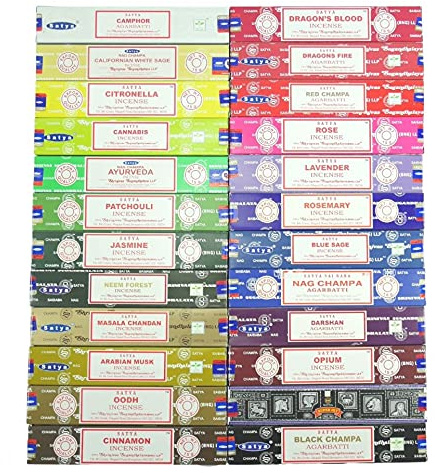 Gigapack 1 an d'Encens Qualité +++. Assortiment 24 parfums / 360 bâtons. Marque Satya