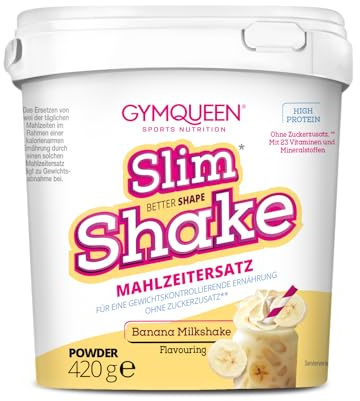 GymQueen Slim Shake, Banana Milkshake, 420 g | Mahlzeitenersatz mit 21 g Protein pro Portion, cremig, ohne Zuckerzusatz, mit Vitaminen und Mineralstoffen