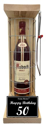 Asbach Uralt - Geschenk 50 Geburtstag Geschenkset Eiserne Reserve Gitterkäfig incl. Säge Text s/w 50 Happy Birthday Brandy (1 x 0.70 l)