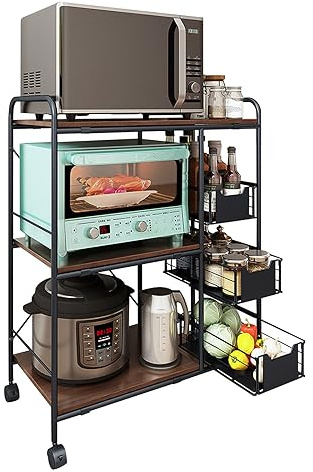 TooCust 3-Tier Kitchen Cart with Wheels,13.8 D x 28 W x 35.5 H, Rolling Small Appliance Cart on Wheels for Kitchen, Heavy Duty Microwave Table Stand with 3 Pull-Out Baskets, Rustic Brown