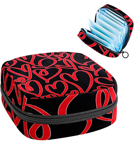 Aufbewahrungstasche für Damenbinden, Menstruationstassen-Tasche, Perioden-Tasche, Organizer für weibliche Pads, Tampons, schwarz-rotes Liebesherz-Muster