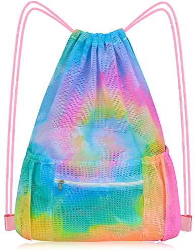 Mesh Drawstring Bag with Zipper Pocket, Beach Bag for Swimming Gear Backpack Gym Storage Bag for Adult Kids