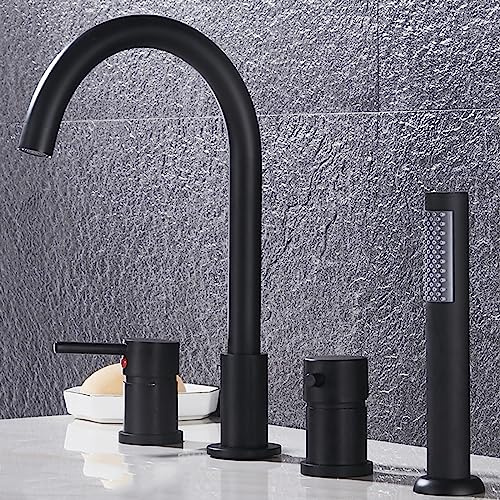 XJTNLB Wannenrandarmatur 4 Loch Badewannenarmatur, Mischbatterie Badewanne mit Brause Dusche Badewanne Armaturen Set Schwarz