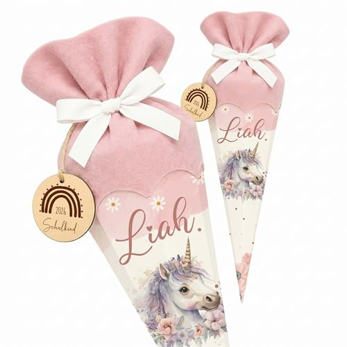 Kidsmood personalisierte Schultüte inkl. Rohling, Filz-Stoff & Holzschild, Zuckertüte als Geschenk zur Einschulung Mädchen & Jungen, Einschulungsgeschenk für Schulkind 2026 - Einhorn (Rosa)