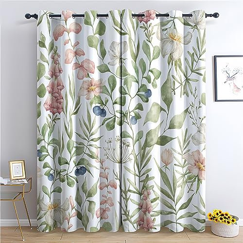 THYUNQ Vorhänge Blätter Blumen Muster, Vorhang Blickdicht Thermo Verdunklungsvorhänge mit Ösen - Gardinen Wohnzimmer Schlafzimmer Fenster, 2er Set Curtains, H 160 x B 140 cm