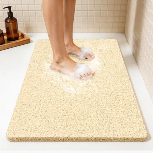 Joyhalo Duschmattor för duschar halkskydd för äldre, 32 tum x 61 cm halkfri badmatta för inomhusdusch, badkarsmattor för badrum halkfri för dusch, PVC-luffa, badrumsmattor, beige