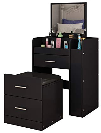 Schminktisch mit Hocker und Klappbar Spiegel, 2 in 1 Kosmetiktisch mit LED Beleuchtung, 2 Schubladen und Fächern für Schlafzimmer Schwarz