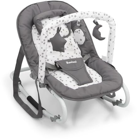 Baninni Stelano Star Babywippe, Liegestuhl ab der Geburt, feste Position oder Schaukel, verstellbare Rückenlehne, mit Spielstange und Kissen, Stelano Star