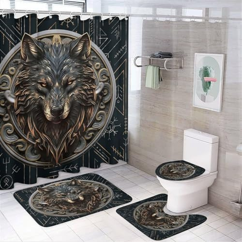FBMLBRB Brebasf Cool Norse Viking Wolf 4 Pieces Shower Curtain Set,Abstract Modern Art Geometric Viking Wolves Non-Slip Rugs Toilet Lid Cover Bath Mat and Bathroom Curtain
