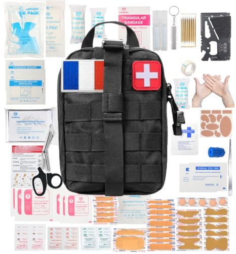 Trousse de Premiers Secours - Chasse, Pêche, Randonnée, Survie, Maison, Voiture, Voyages - Couverture de Survie Isothermique - Carte multi - Ciseaux… (Noir)