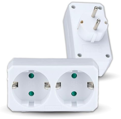 V-TAC Adattatore multipresa a doppia parete, 2 prese, blocco multipresa con prese 16 A, Shuko per casa, ufficio, negozio, garage, 250 V, compatto e pratico, elettrico, bianco